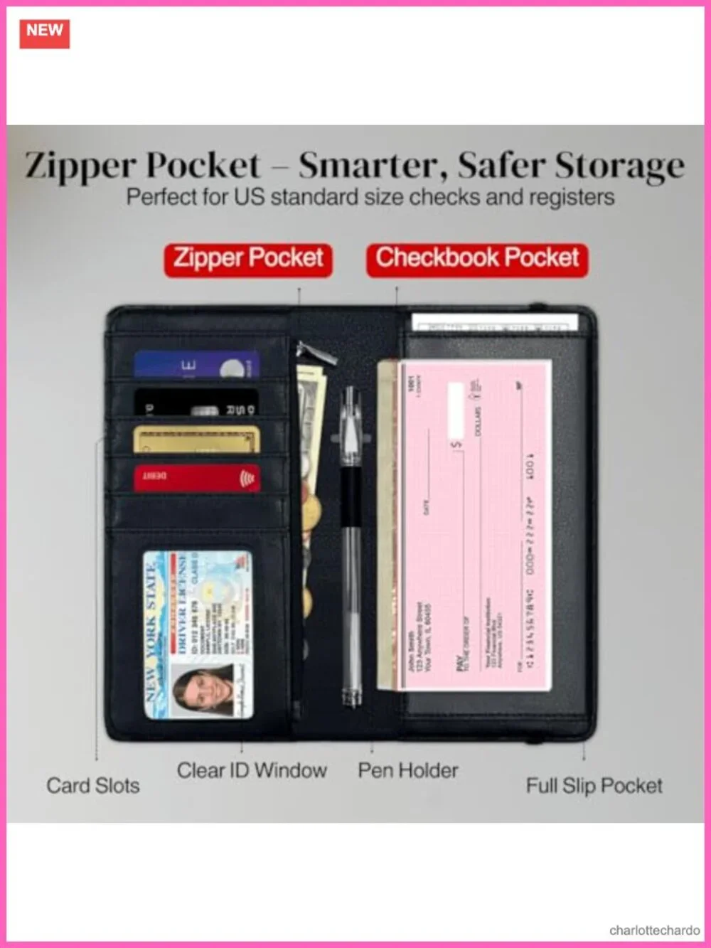Oversized Checkbook Cover RFID Blocking PU Leather Zipper Pocket Wallet
